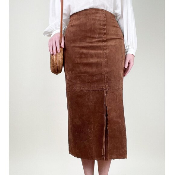 Vintage Suede Leather Boho High Rise Waisted Slit Column Hippie Bohemian 90s Y2K - Picture 2 of 9